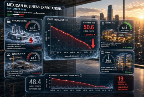 Se enfrían las expectativas empresariales: cae 1.5 puntos el indicador de tendencia en septiembre.